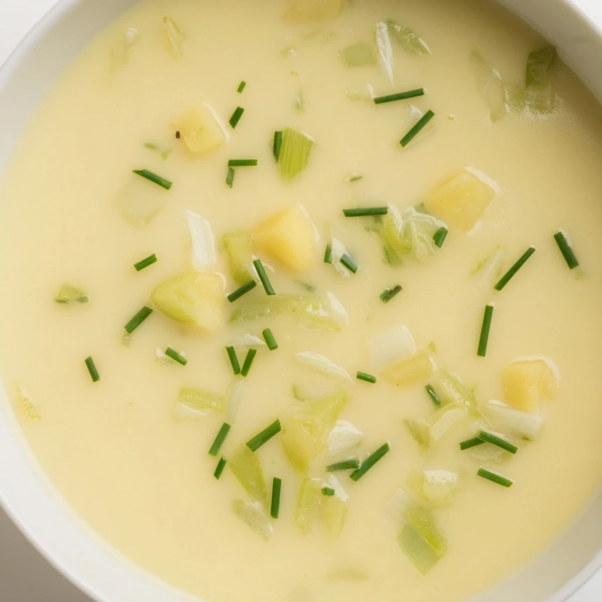 A close-up of Creamy Potato and Leek Soup garnished with fresh chives, with steam rising from a cozy bowl.