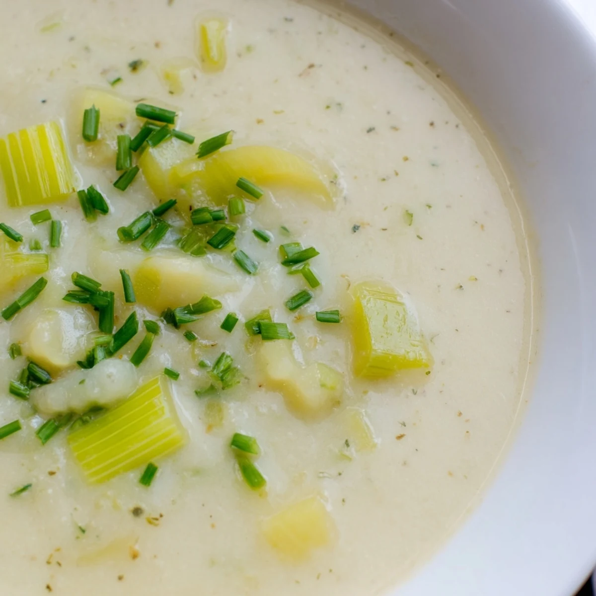 Silky Creamy Potato and Leek Soup in a white ceramic bowl, topped with a drizzle of cream and parsley.