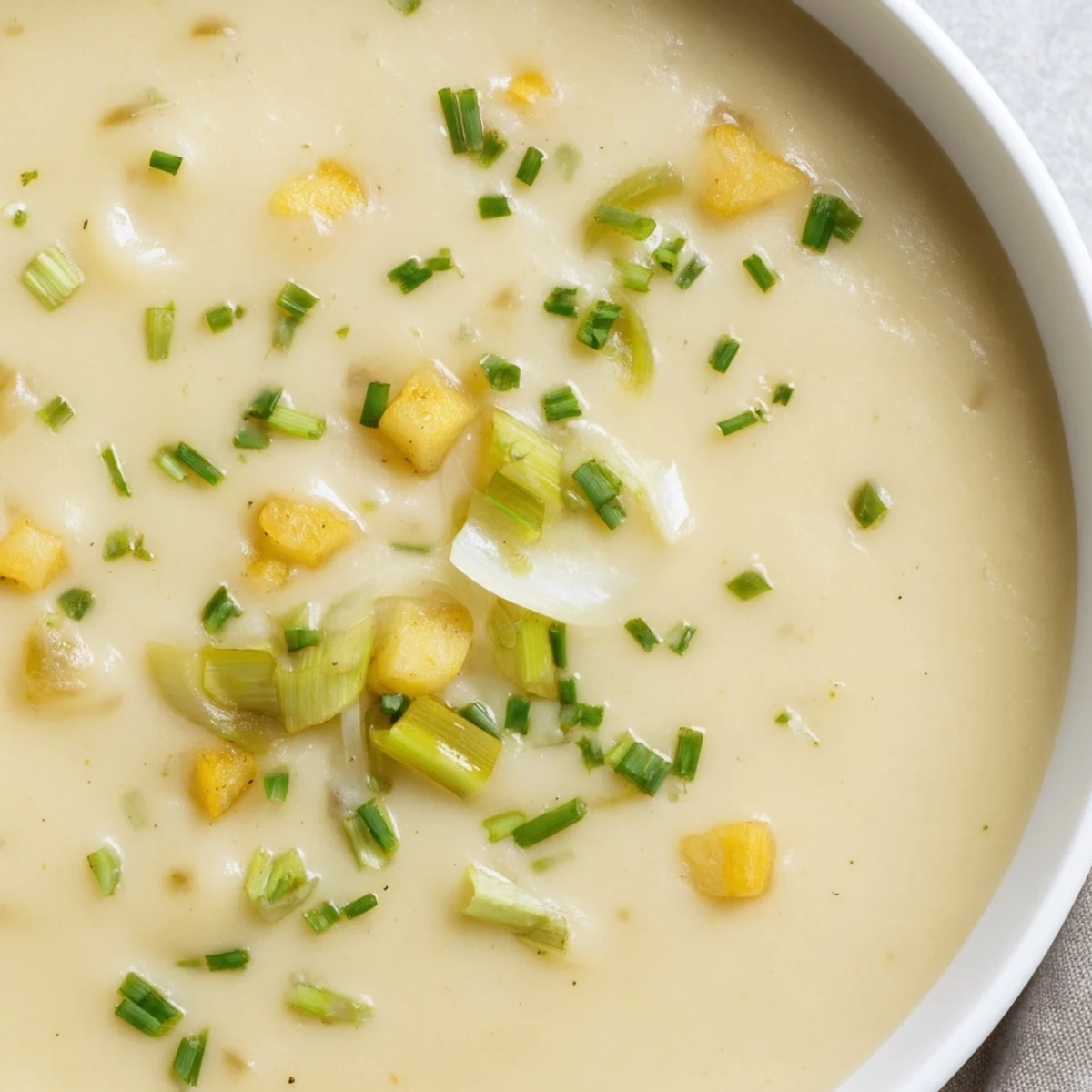 A rustic bowl of Creamy Potato and Leek Soup beside a slice of crusty bread on a wooden table.