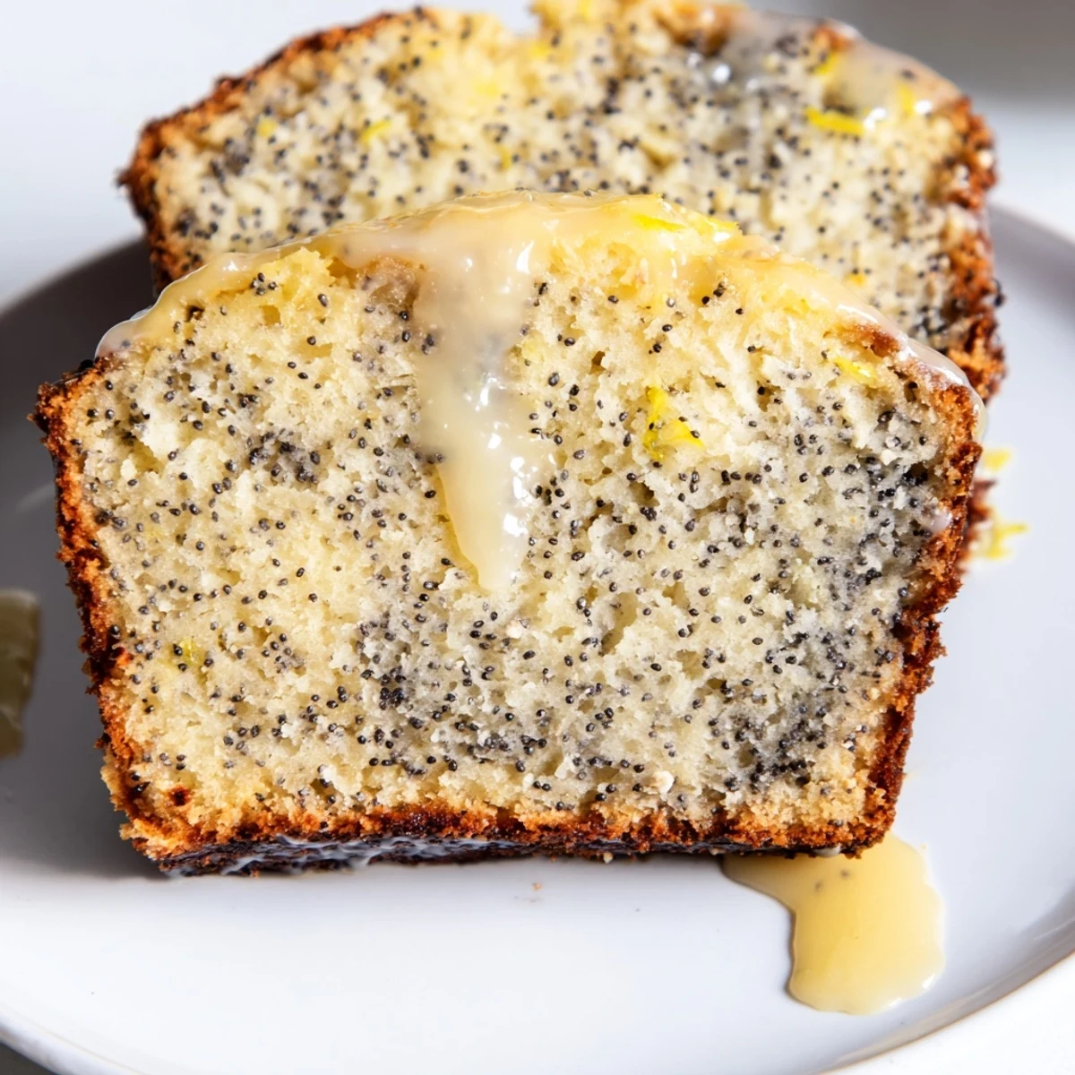 A freshly baked Lemon Poppy Seed Loaf with a glossy lemon glaze drizzled over the top, ready to slice.