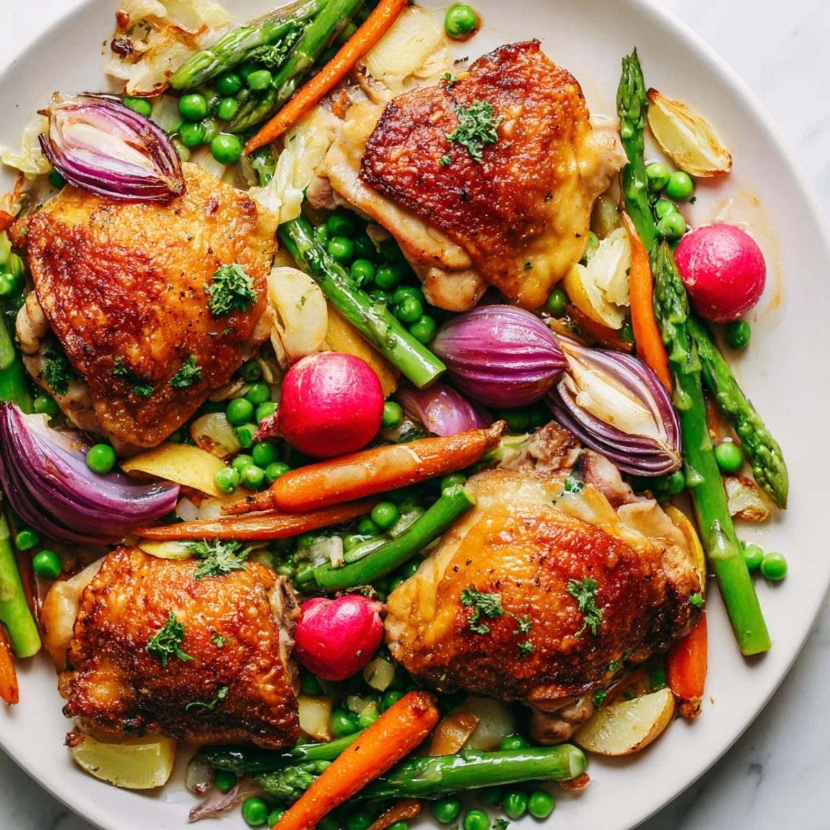 A close-up of tender Roasted Chicken with Spring Veggies garnished with fresh parsley and lemon slices on a rustic pan.  