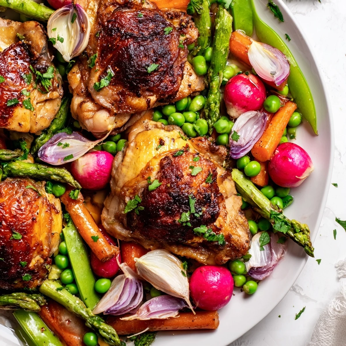 Golden roasted chicken thighs with crispy skin sit alongside vibrant asparagus, carrots, peas, and radishes on a baking sheet.  