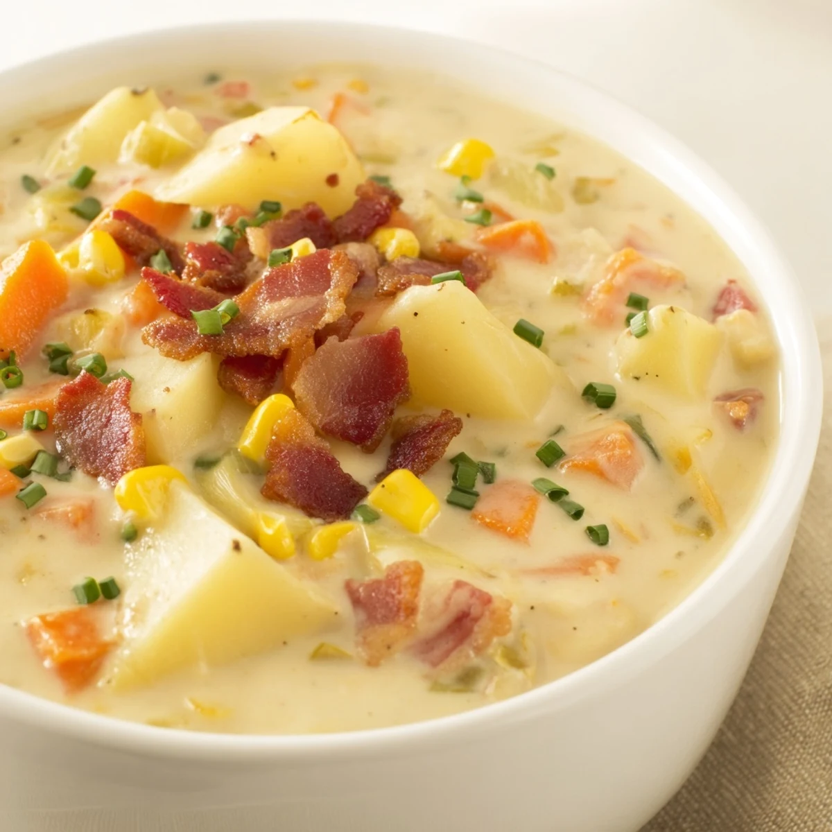 Hearty Creamy Corn Chowder with Turkey Bacon served in a rustic bowl, showcasing golden corn and tender potatoes.