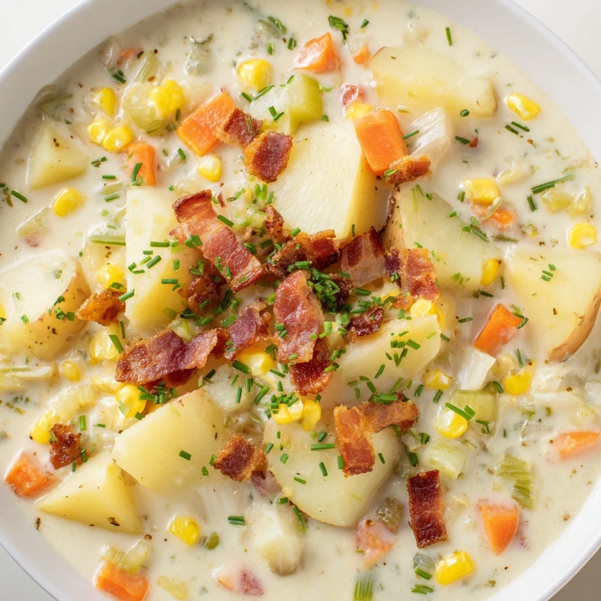 Close-up of Creamy Corn Chowder with Turkey bacon, highlighting the rich, creamy texture and vibrant vegetable chunks.
