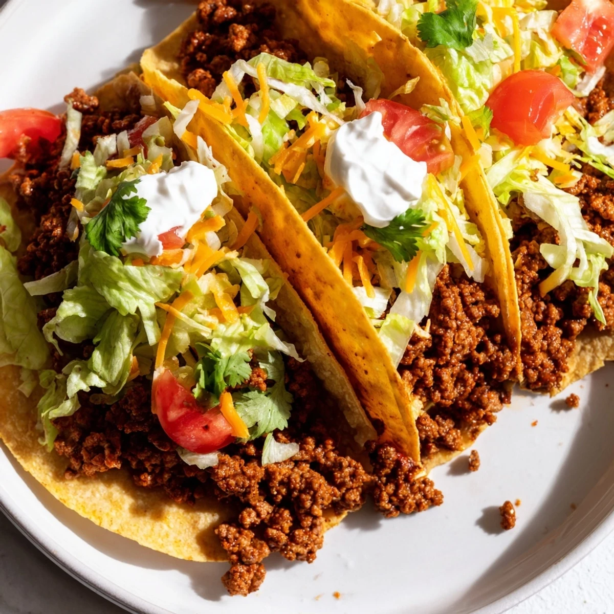 Warm tortillas hold seasoned beef tacos topped with lettuce, tomato, and cheese on a plate.