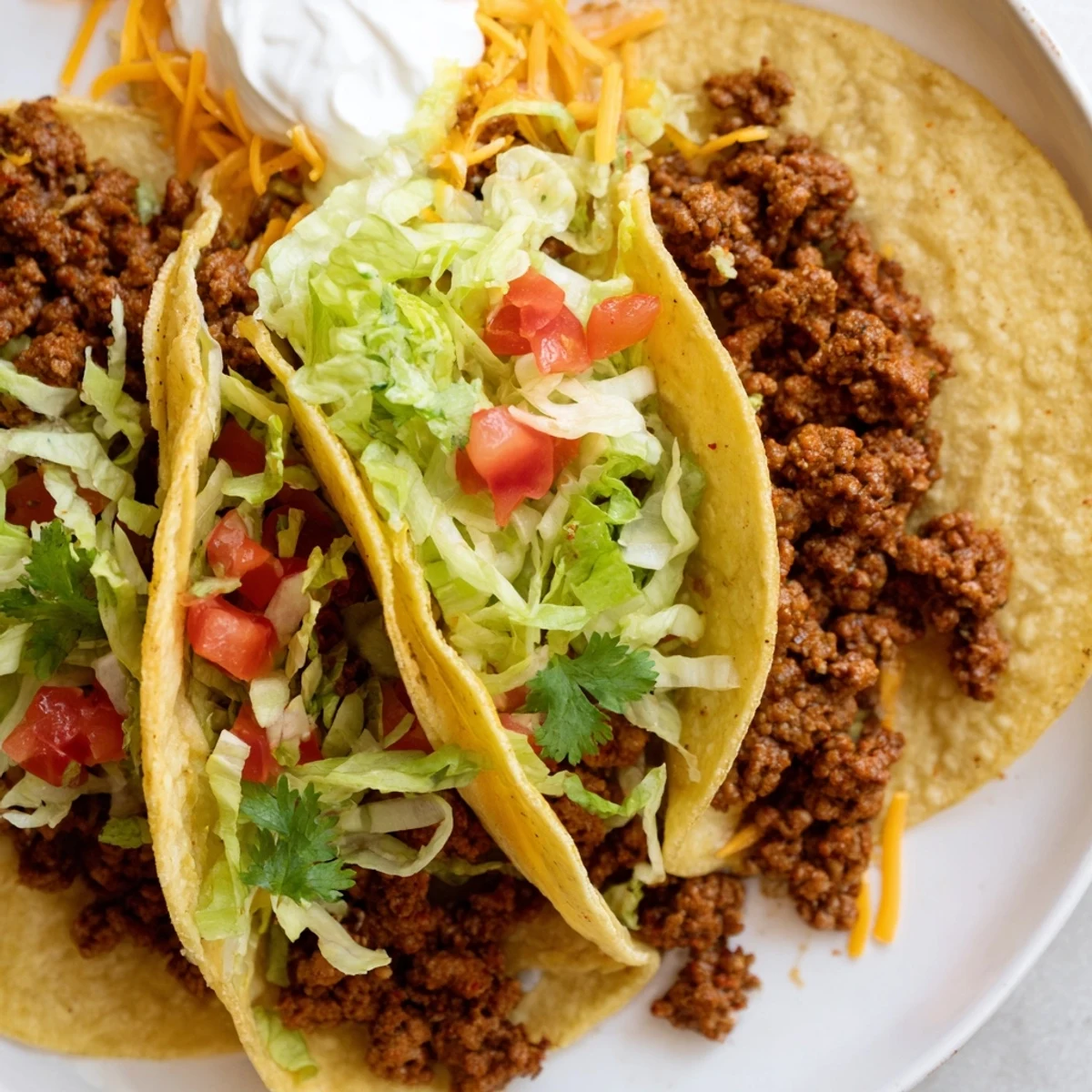 Sizzling ground beef in beef tacos is spooned into soft tortillas with lime wedges nearby.