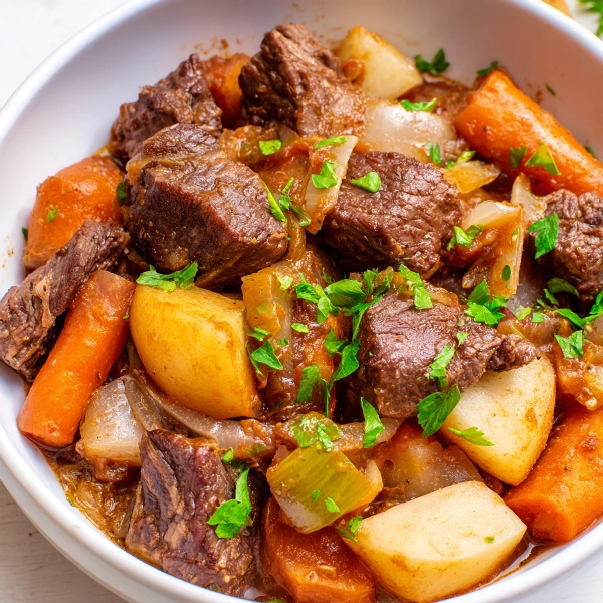 Close-up of Slow Cooker Beef Stew with Root Vegetables, showcasing savory beef, potatoes, and parsnips in a thick, aromatic gravy.