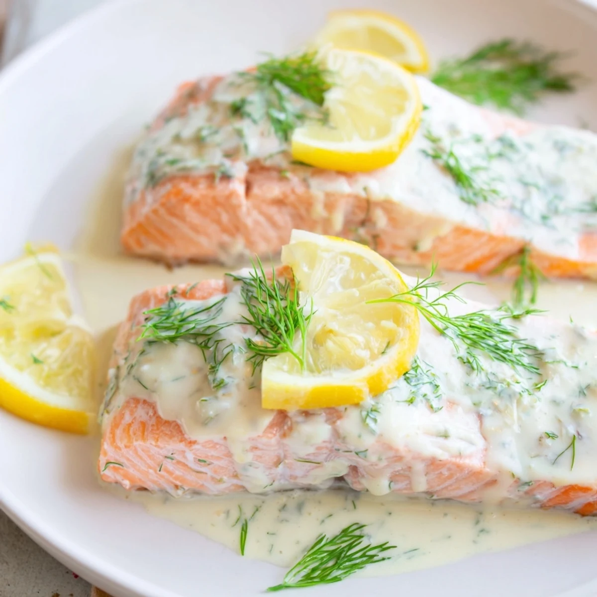 Golden-baked salmon fillets with a creamy dill and lemon sauce, garnished with fresh lemon slices.