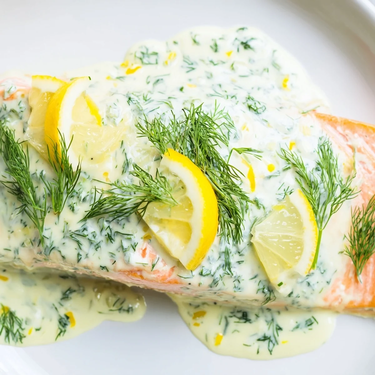 Tender flaky salmon with bright lemon dill sauce, served on a plate with roasted potatoes.