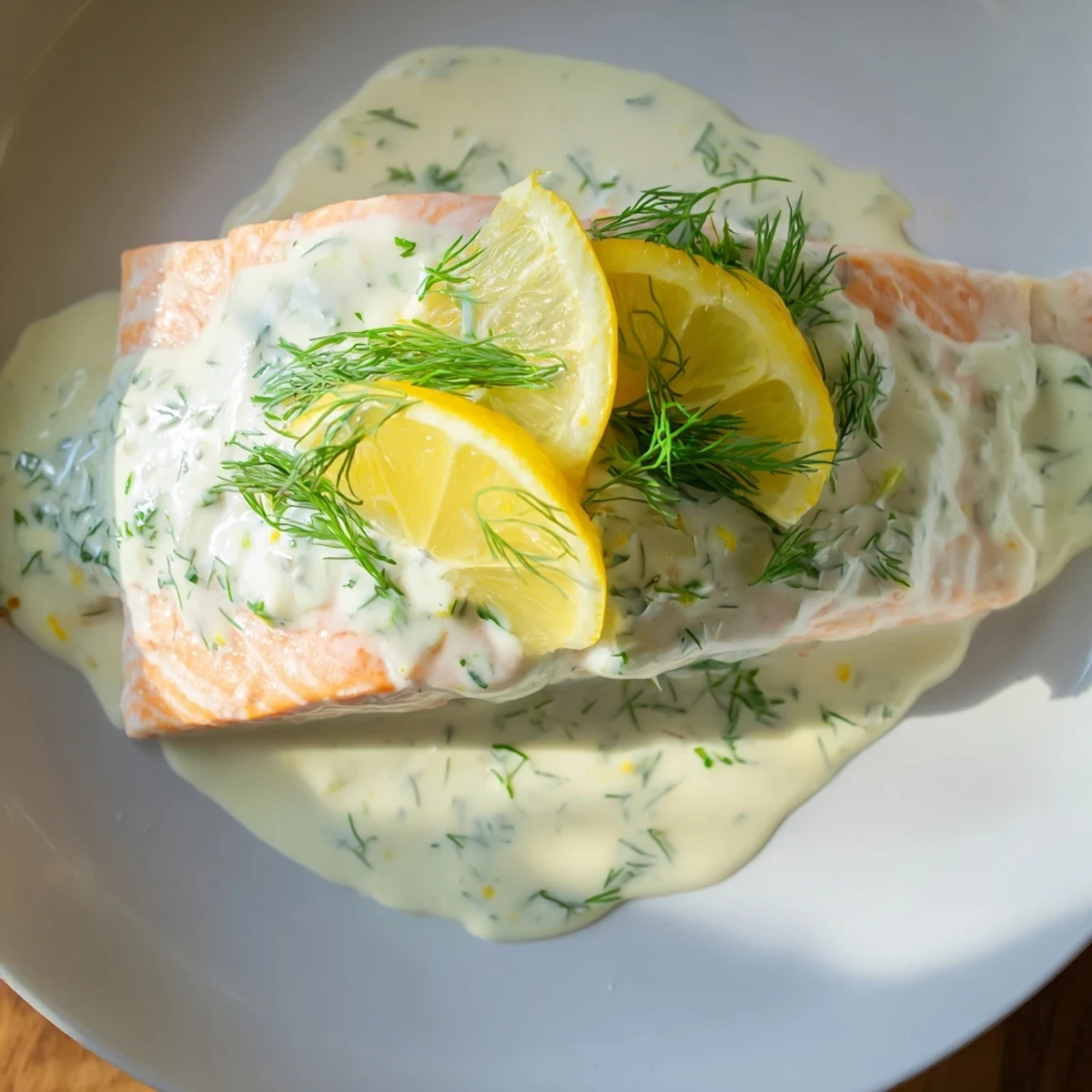Moist oven-baked salmon with herbaceous dill and zesty lemon sauce, ready for a healthy dinner.