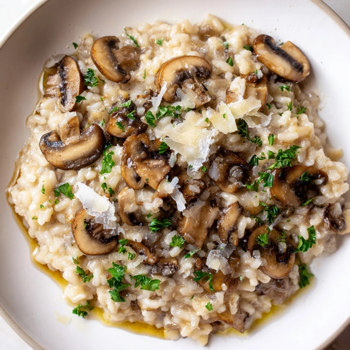 A close-up of creamy Mushroom Risotto with Truffle Oil, garnished with fresh parsley and served on a white plate.
