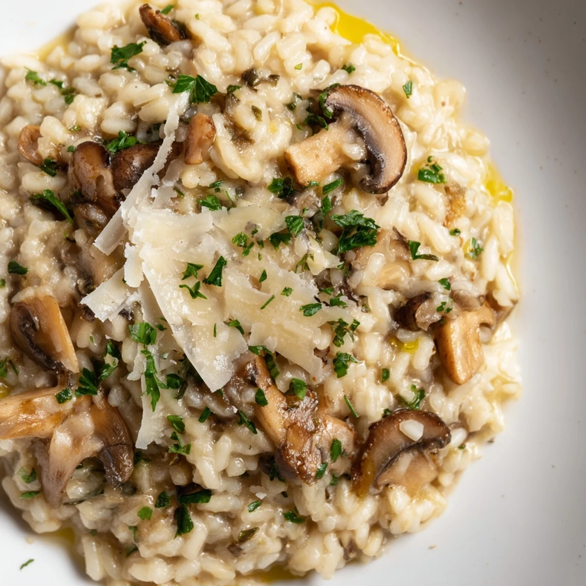 Mushroom Risotto with Truffle Oil in a rustic skillet, steam rising and wooden spoon resting on the side.