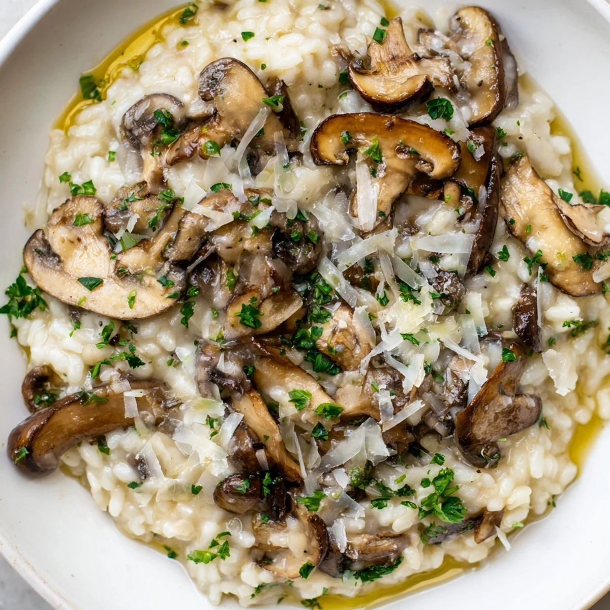 Freshly plated Mushroom Risotto with Truffle Oil and a light drizzle of truffle oil, paired with white wine.