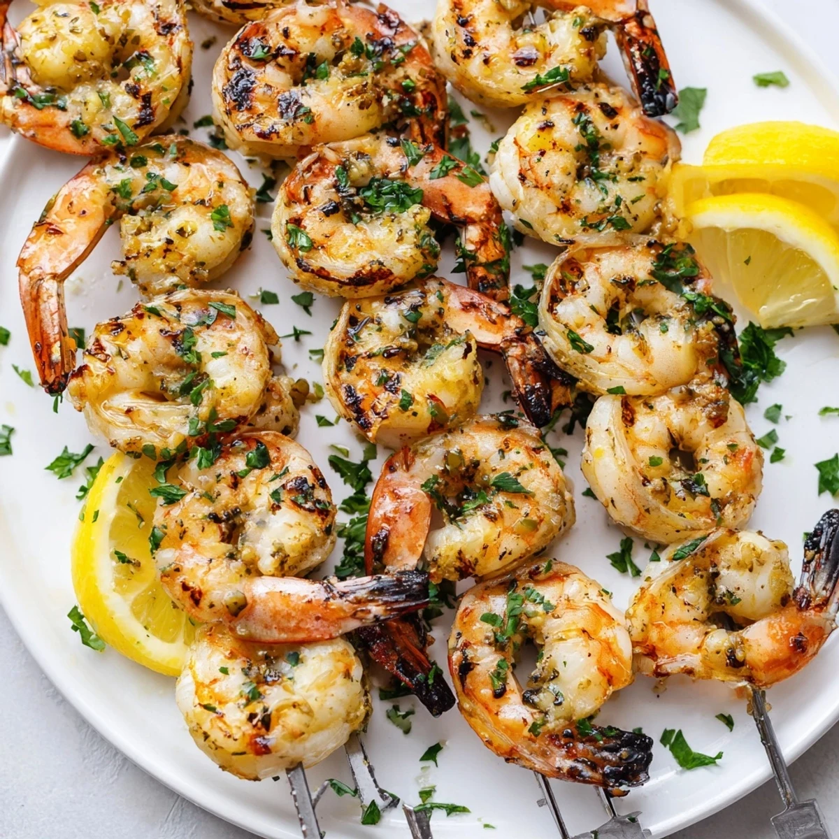 Grilled Lemon Garlic Shrimp Skewers on a platter with char marks and fresh parsley garnish