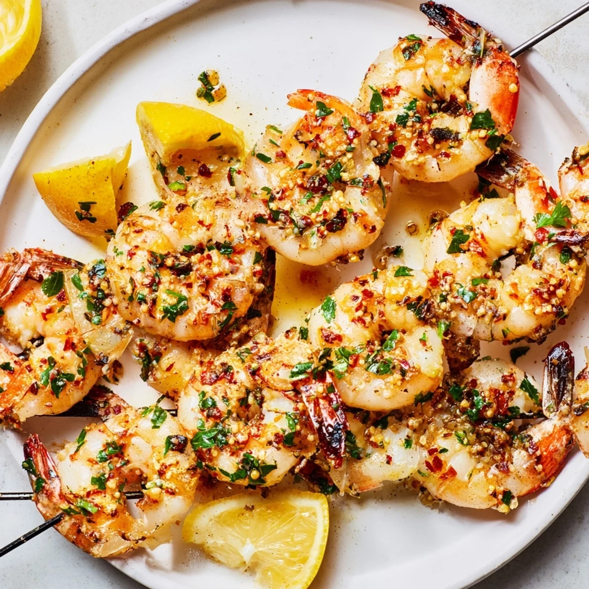 Lemon Garlic Shrimp Skewers sizzling on the grill with lemon wedges and herbs for a Mediterranean appetizer