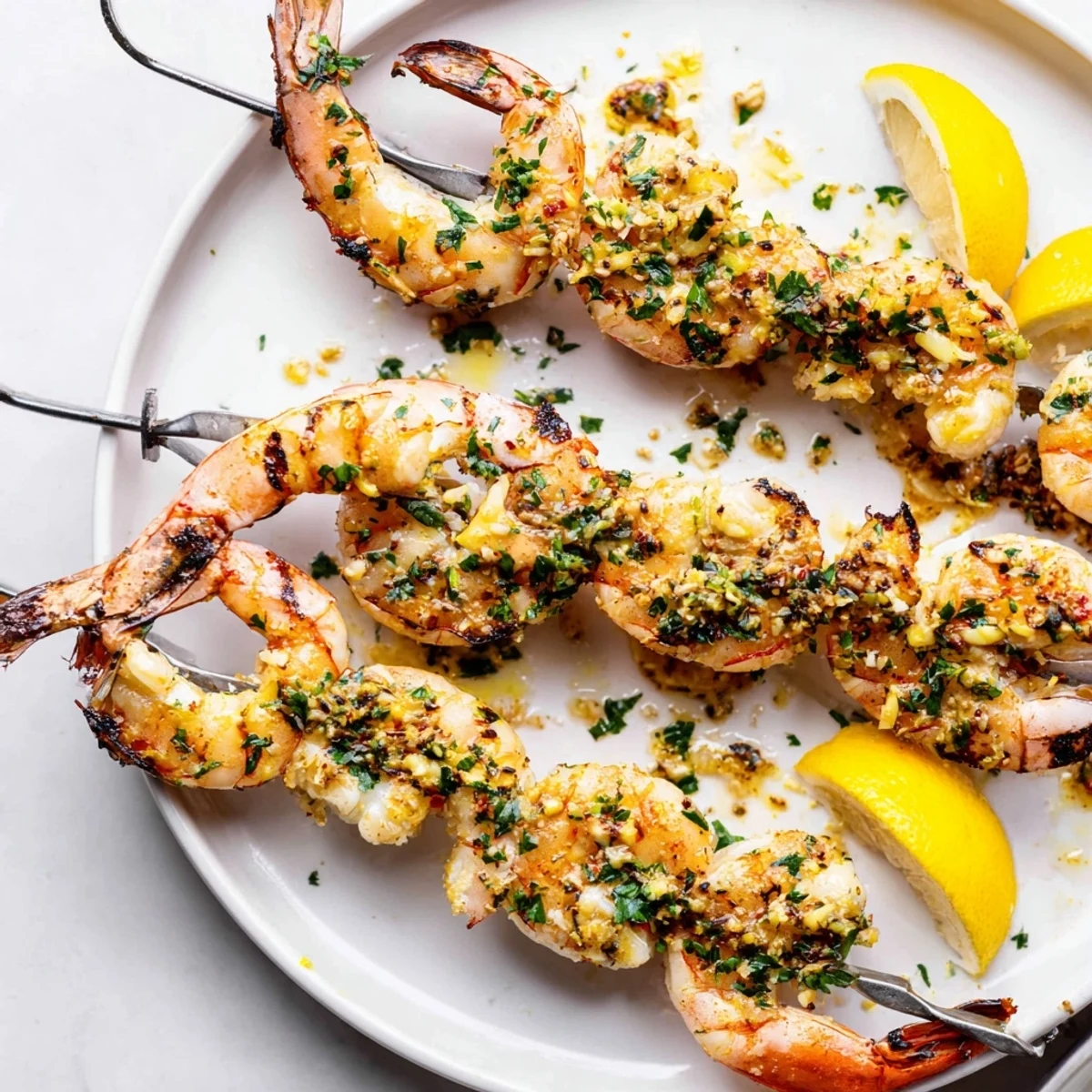 Serve these Lemon Garlic Shrimp Skewers over rice or salad for a gluten-free, pescatarian main dish