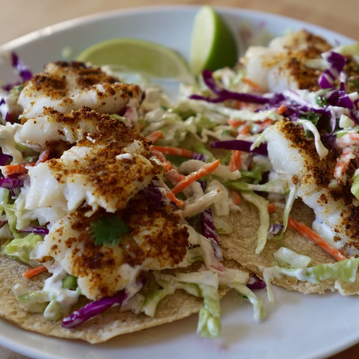 Tender Cajun Spiced Fish Tacos with Slaw overflowing with flaky fish, fresh slaw, and bright lime wedges on a rustic plate.