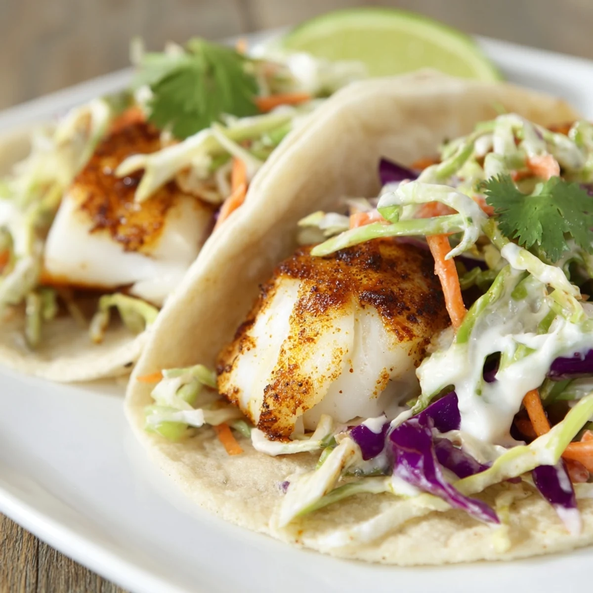 Golden-brown Cajun Spiced Fish Tacos with Slaw topped with crisp, tangy slaw and creamy drizzle on warm corn tortillas.