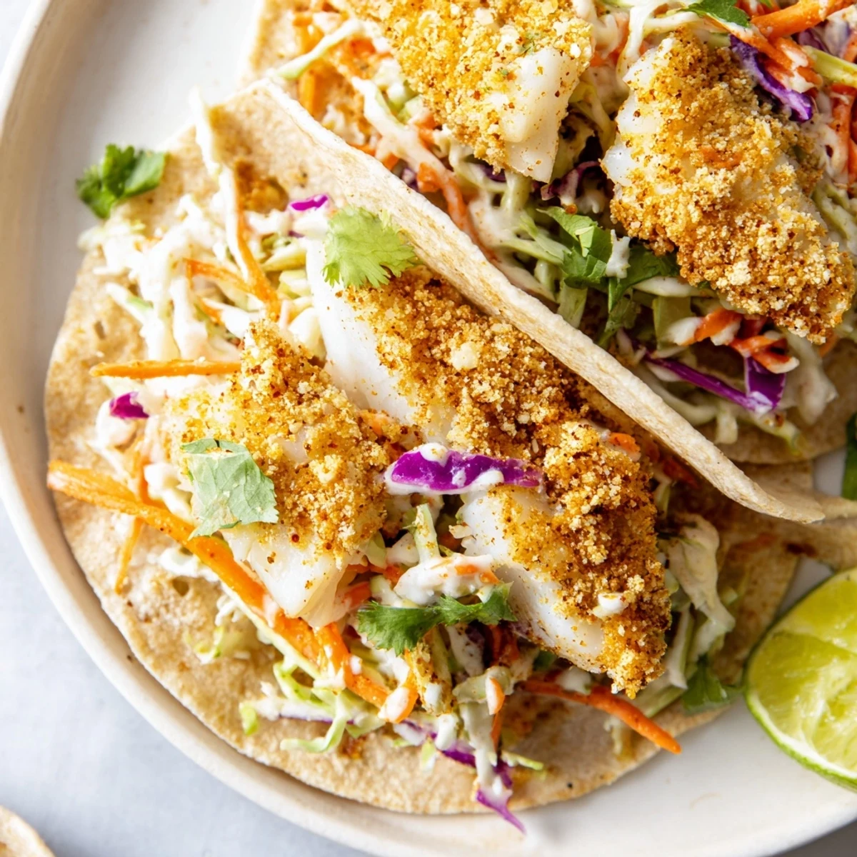 A vibrant plate of Cajun Spiced Fish Tacos with Slaw featuring warm tortillas, zesty fish, and creamy sauce for a Southern kick.