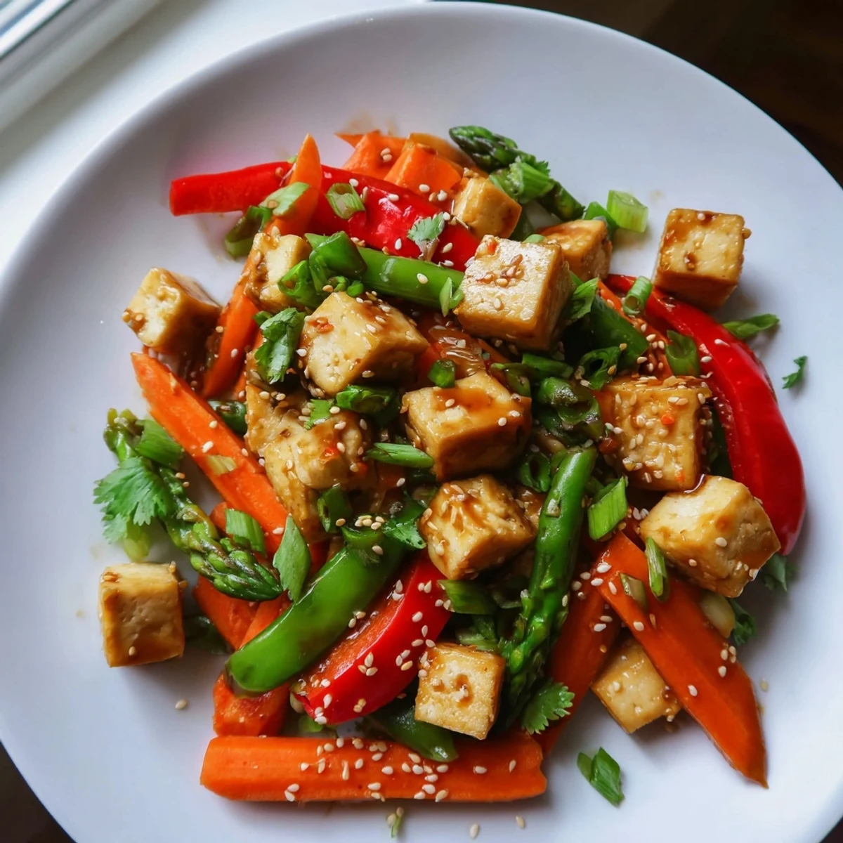 Sizzling Spring Vegetable Stir Fry with Tofu shows vibrant red bell pepper and carrots tossed in a glossy aromatic sauce in a hot wok.
