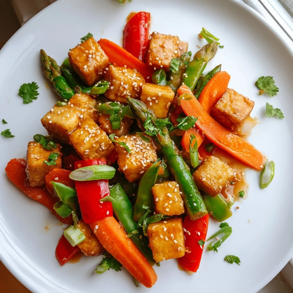 Spring Vegetable Stir Fry with Tofu plated over steamed jasmine rice, topped with cilantro and sesame, ready for a nourishing weeknight dinner.