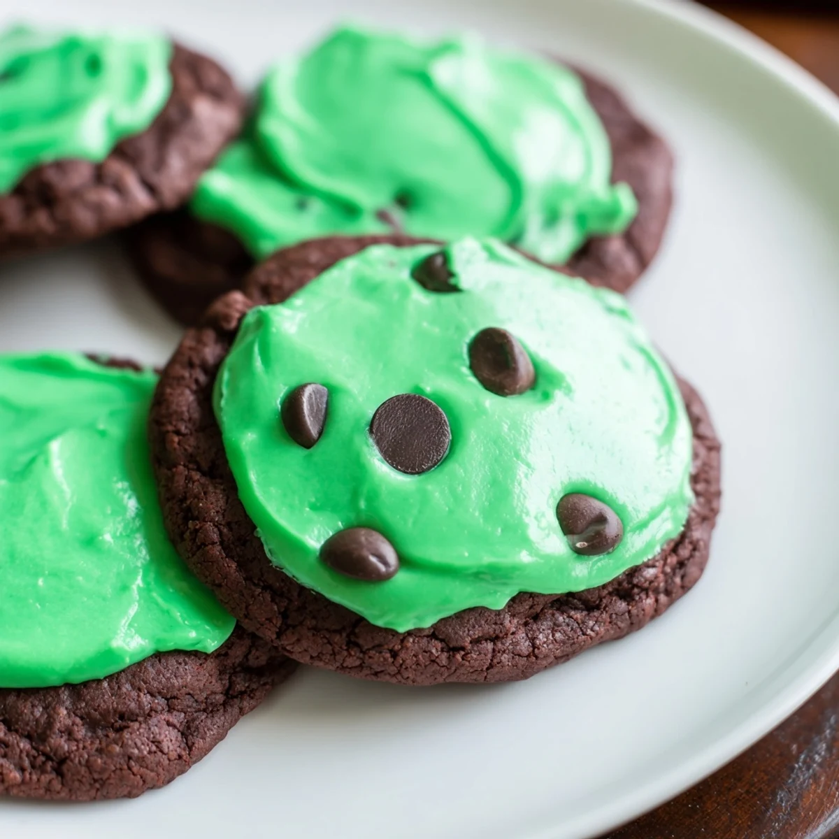Chewy chocolate mint cookies topped with vibrant green frosting on a white plate, perfect for holiday platters.