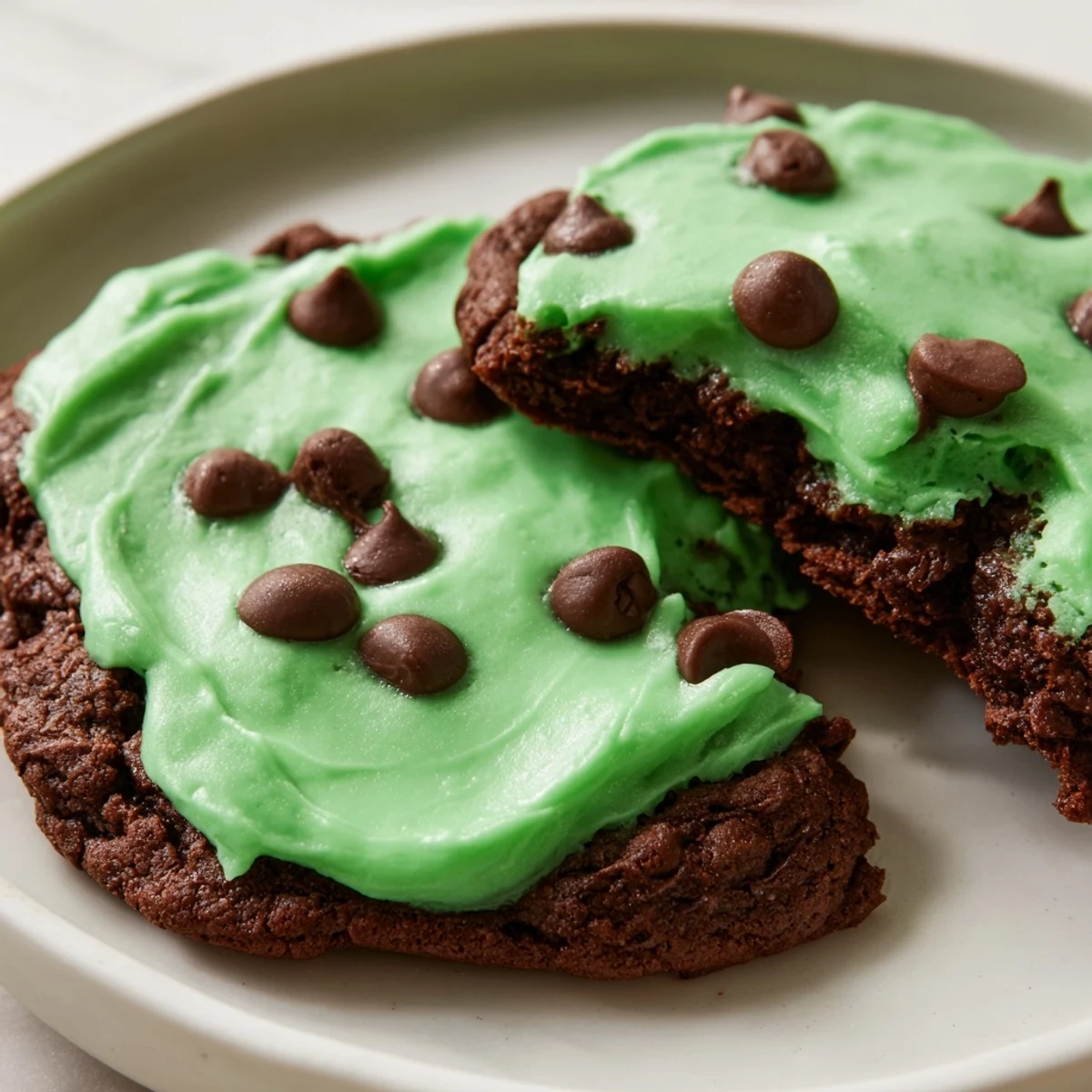 A close-up of Chocolate Mint Cookies with rich green frosting and cracked edges, ready to enjoy with milk.