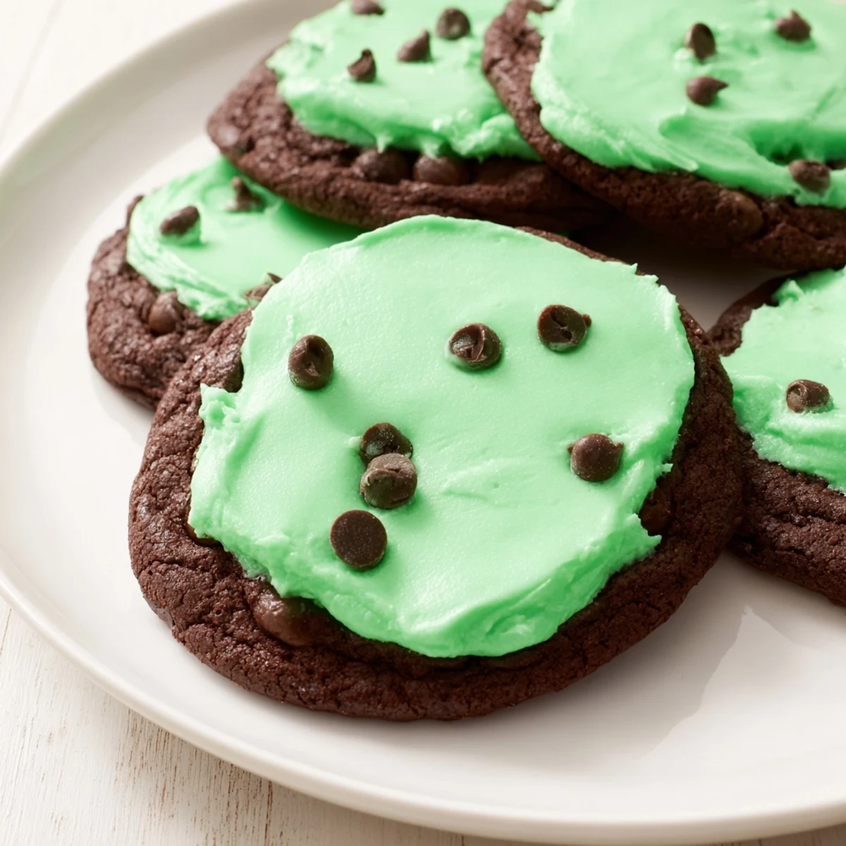 These Chocolate Mint Cookies feature glossy green frosting and a soft texture, ideal for a festive dessert spread.