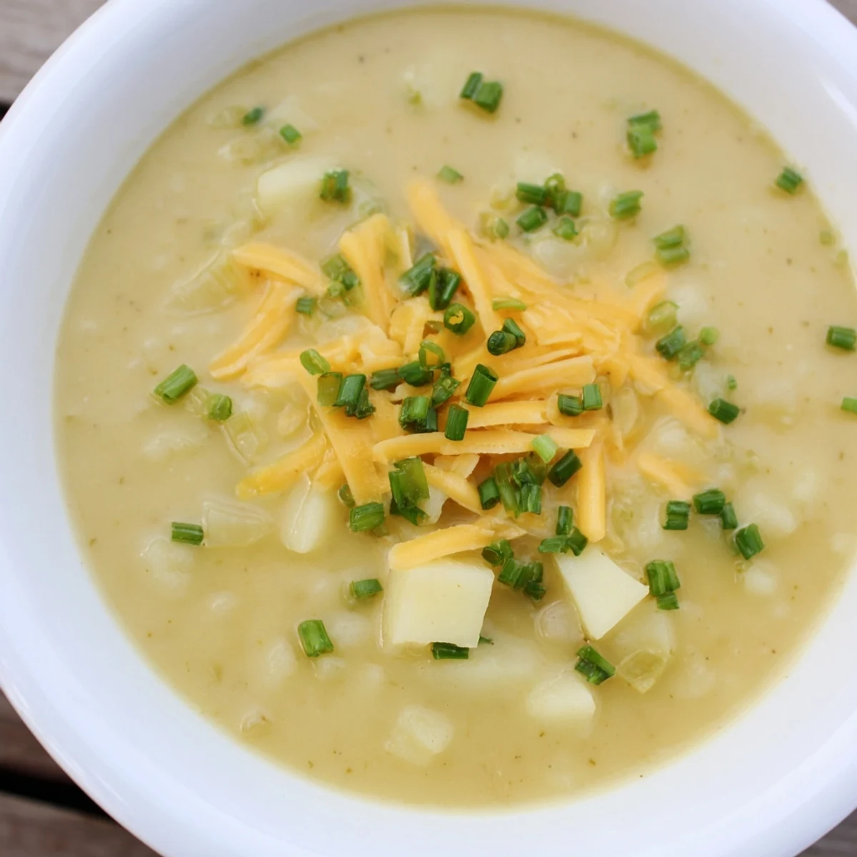 Creamy Irish Potato Leek Soup with Cheddar steams in a rustic bowl, topped with melted cheese and fresh chives.