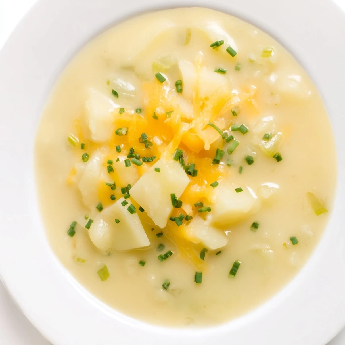 A ladle of Irish Potato Leek Soup with Cheddar shows velvety texture, garnished with chives alongside crusty brown bread.