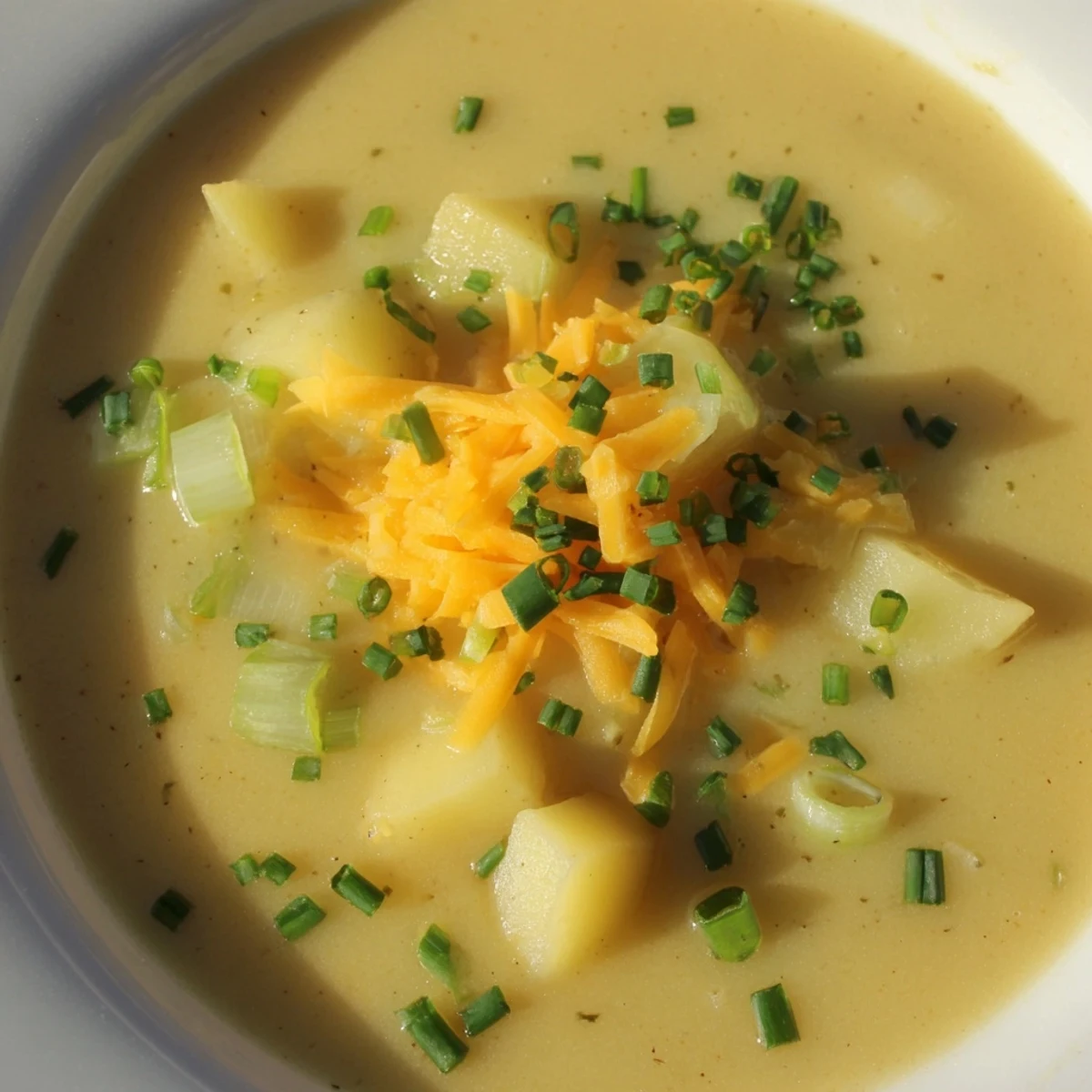 Comforting Irish Potato Leek Soup with Cheddar, simmered with leeks and Yukon Gold potatoes, served warm for chilly evenings.