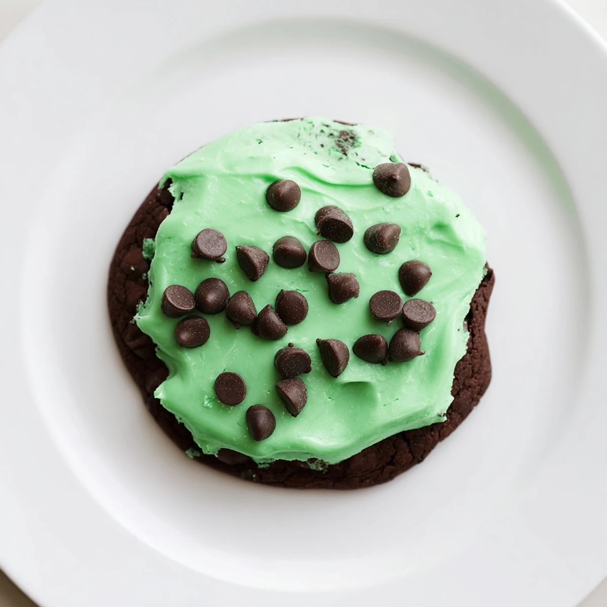 Freshly baked Chocolate Mint Cookies with Green Frosting, stacked on a cooling rack, with mint leaves and chocolate chips scattered beside them.