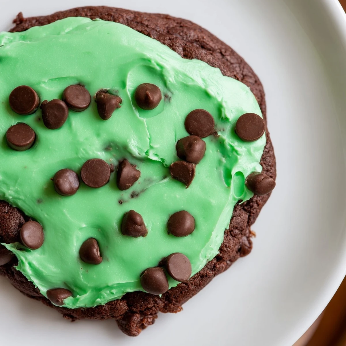 A close-up of a Chocolate Mint Cookie with creamy green frosting, showing a moist, fudgy interior and a sprinkle of crushed peppermint.
