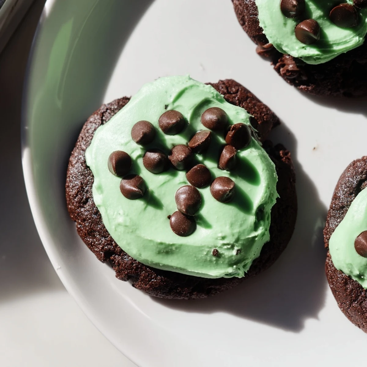 Chocolate Mint Cookies with Green Frosting arranged on a white plate, ready to serve with a glass of cold milk.