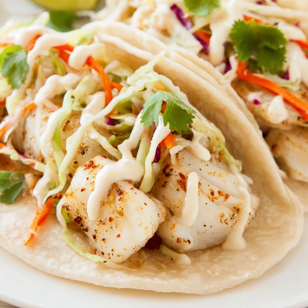 Flaky white Cajun Spiced Fish Tacos with Cabbage Slaw stacked high on a plate with cilantro.