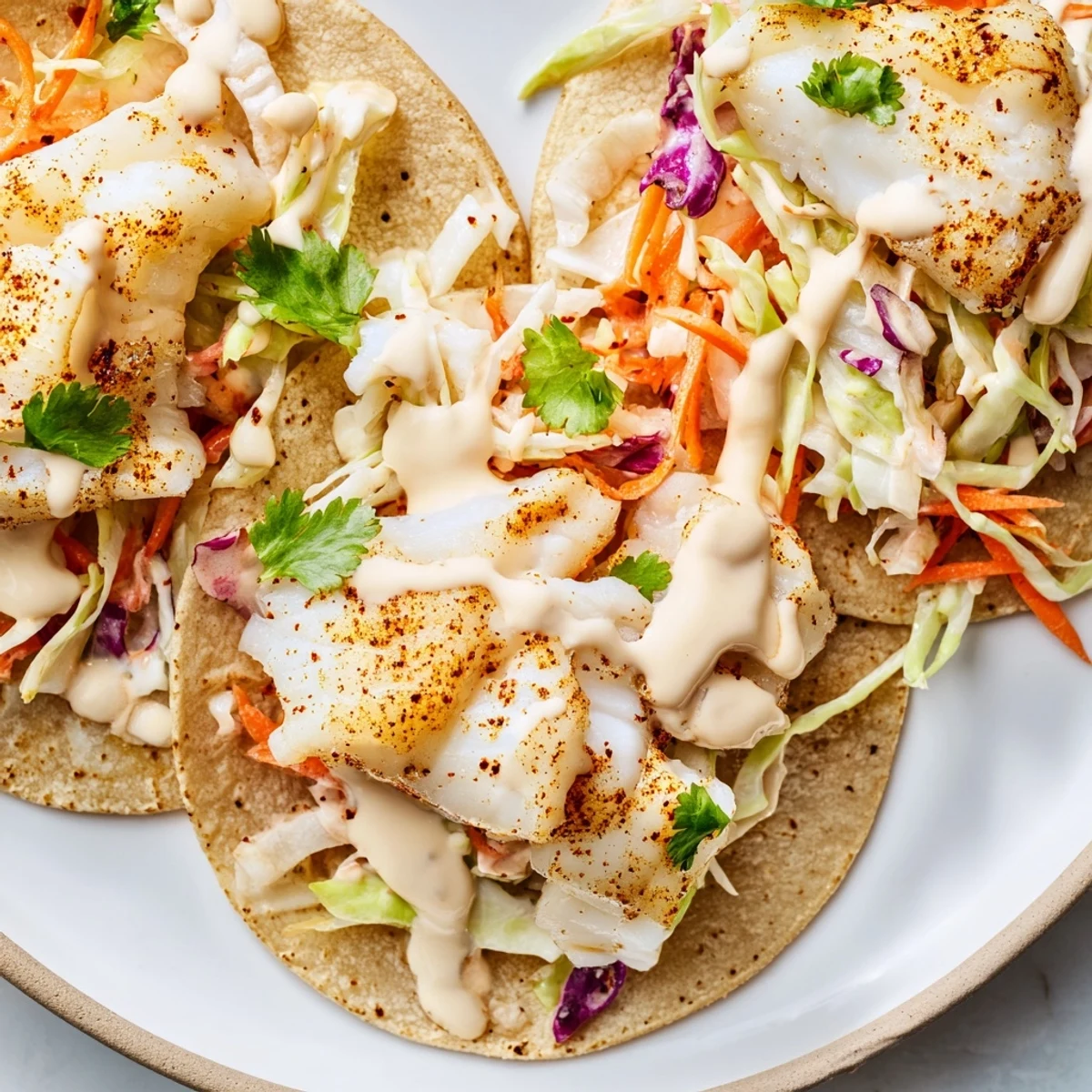 A close-up of Cajun Spiced Fish Tacos with Cabbage Slaw featuring zesty spices and lime wedges.