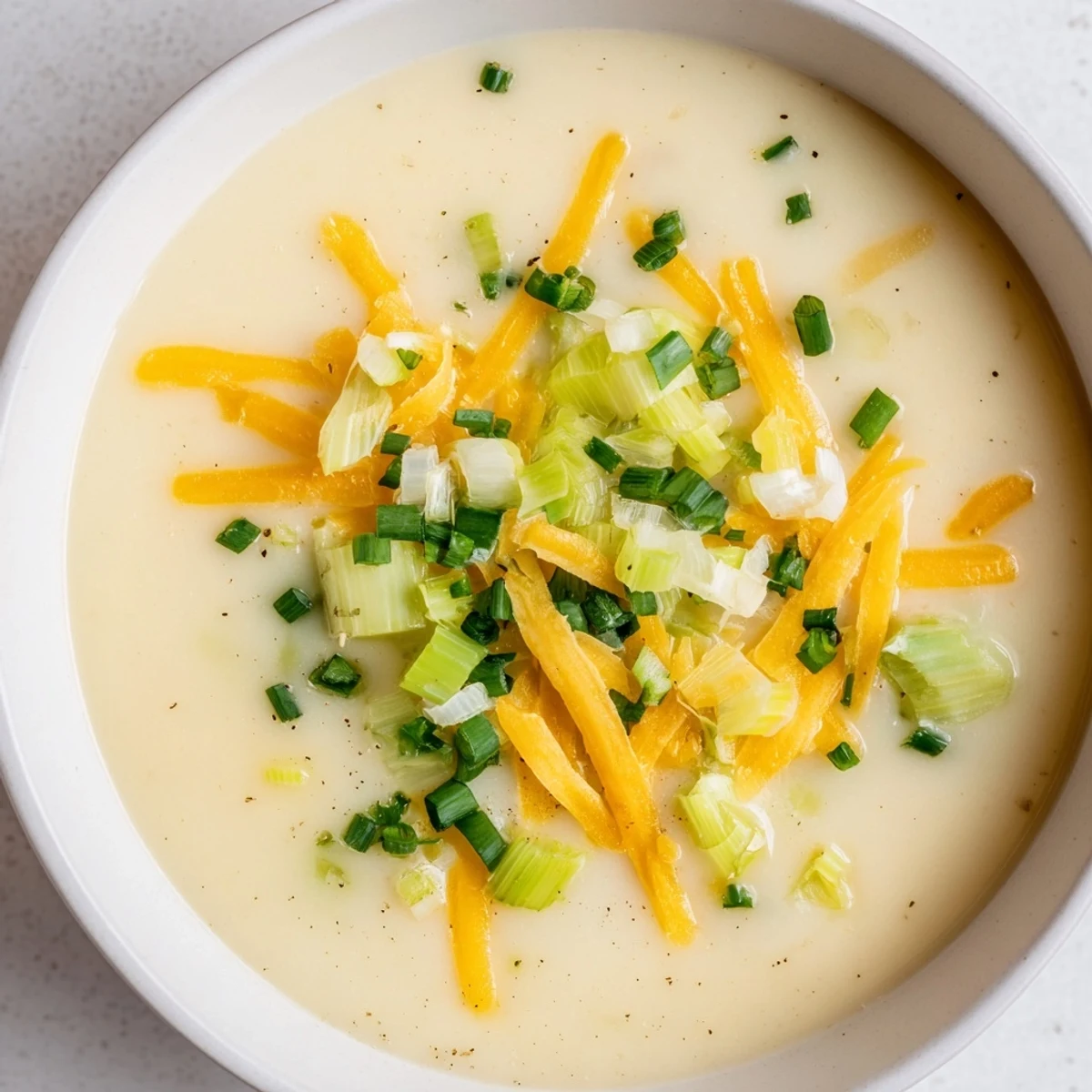 Steaming bowl of Irish Potato Leek Soup with Sharp Cheddar, garnished with fresh chives and grated cheese.