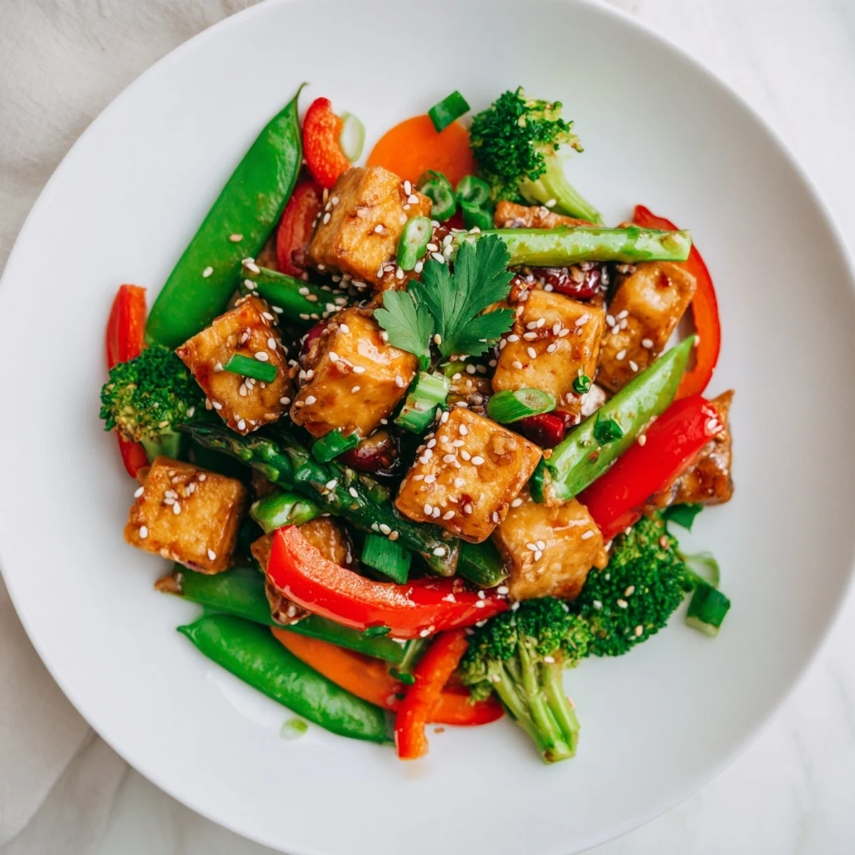 Crispy golden tofu cubes and vibrant spring vegetables coated in a glossy sauce in this Spring Vegetable Stir Fry with Tofu.