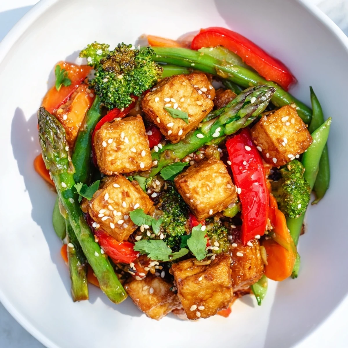 Spring Vegetable Stir Fry with Tofu served in a white bowl with steam rising, paired with chopsticks and fresh cilantro garnish.