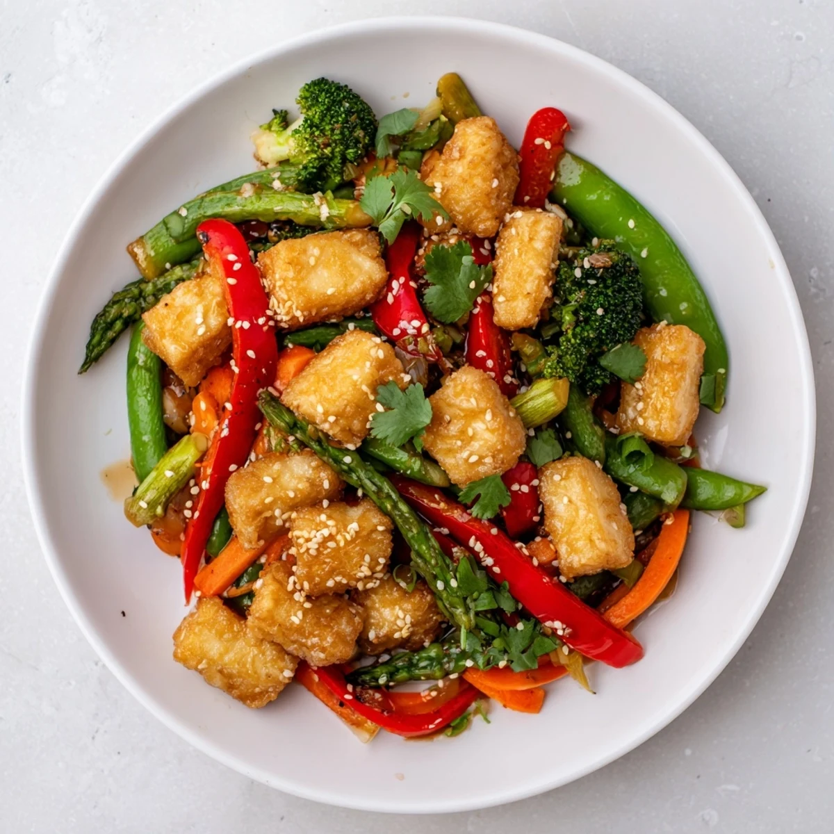A close-up of Spring Vegetable Stir Fry with Tofu, featuring colorful bell peppers and snap peas on a rustic plate.