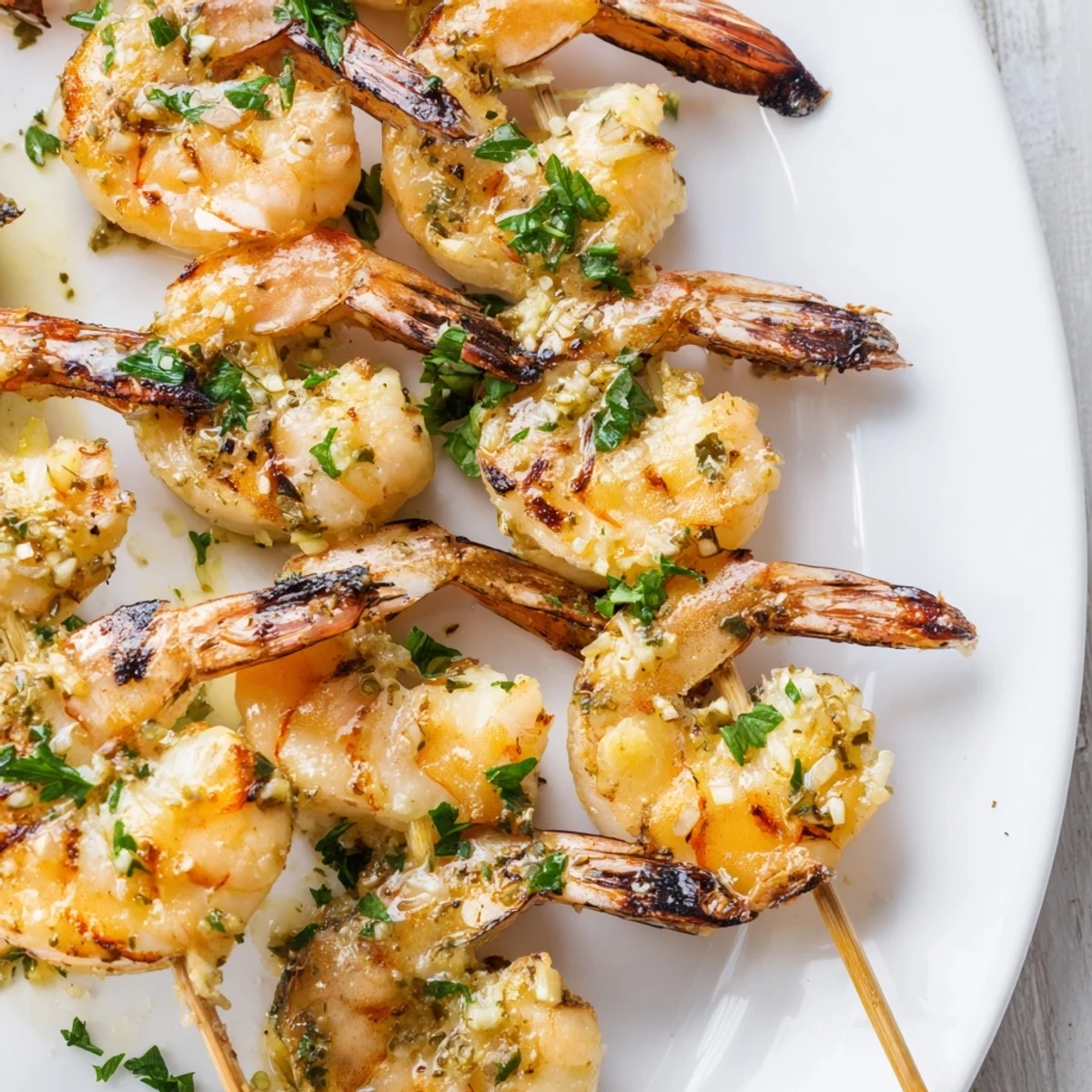 Lemon Garlic Shrimp Skewers with Parsley display juicy grilled shrimp with bright herbs and lemon wedges on a rustic plate.
