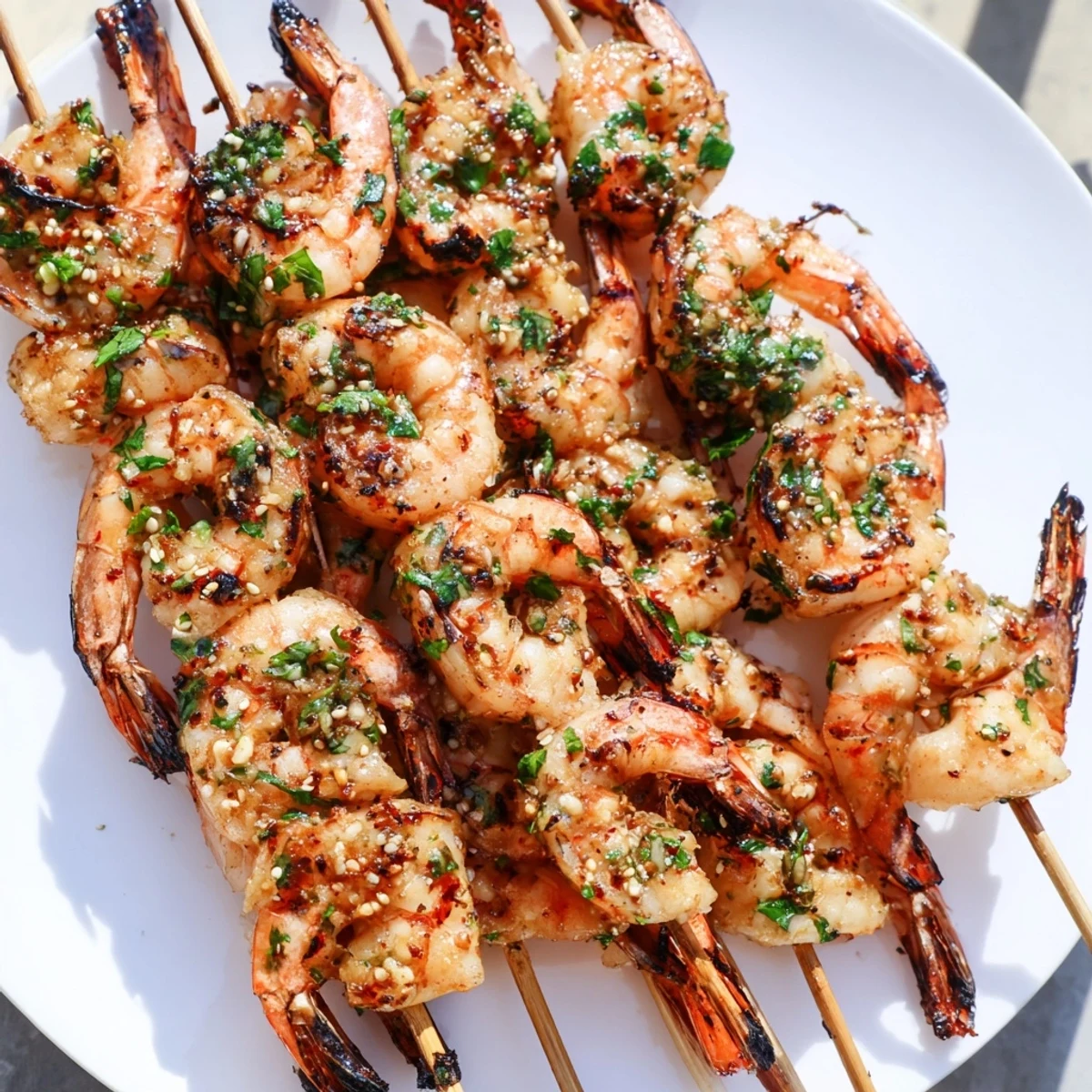 Charred Lemon Garlic Shrimp Skewers with Parsley sizzle on a grill, releasing garlicky aroma and steam on a sunny patio table.