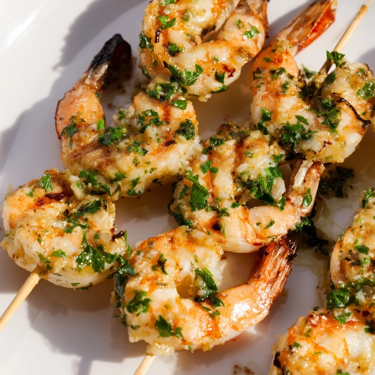 Serving Lemon Garlic Shrimp Skewers with Parsley over fluffy rice with lemon wedges and parsley garnish for a light meal.