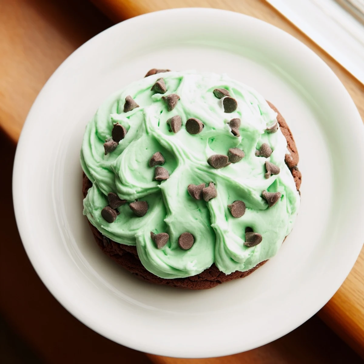 Freshly baked Chocolate Mint Cookies with Green Frosting displayed on a cooling rack, ready to serve.