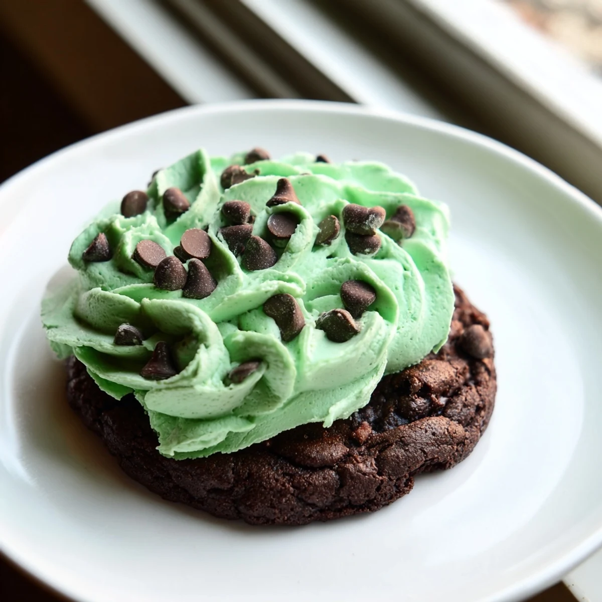 A close-up view of Chocolate Mint Cookies with Green Frosting showing cracked tops and creamy icing swirls.