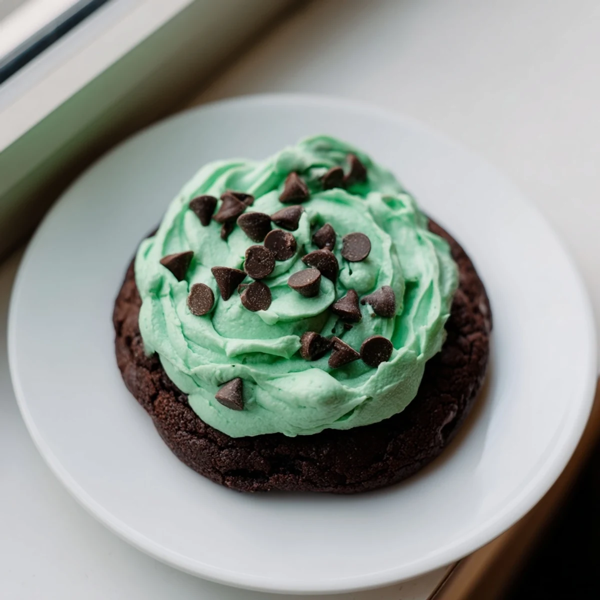 A platter of Chocolate Mint Cookies with Green Frosting beside a glass of milk for dipping.