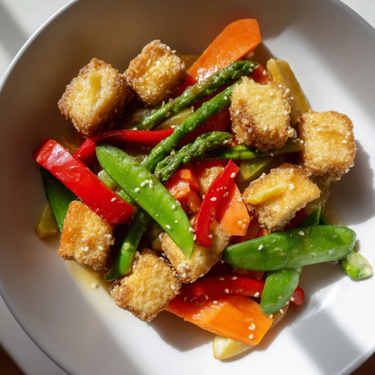 Crisp sugar snap peas and golden tofu cubes in Spring Vegetable Stir Fry with Tofu on a white plate.
