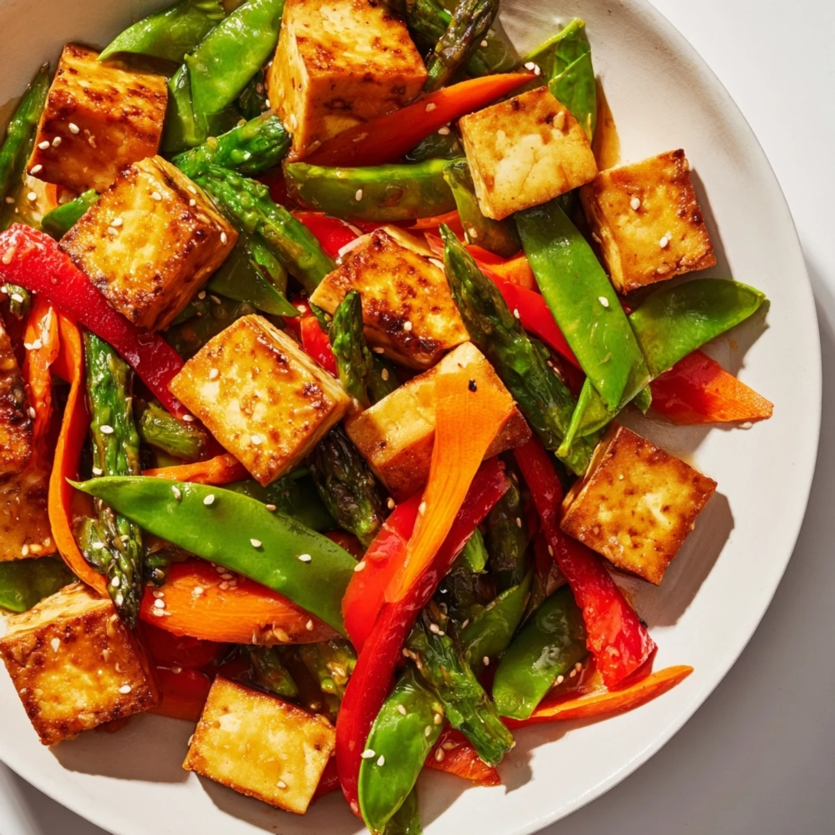 Vibrant Spring Vegetable Stir Fry with Tofu served over steamed jasmine rice, garnished with sesame seeds.