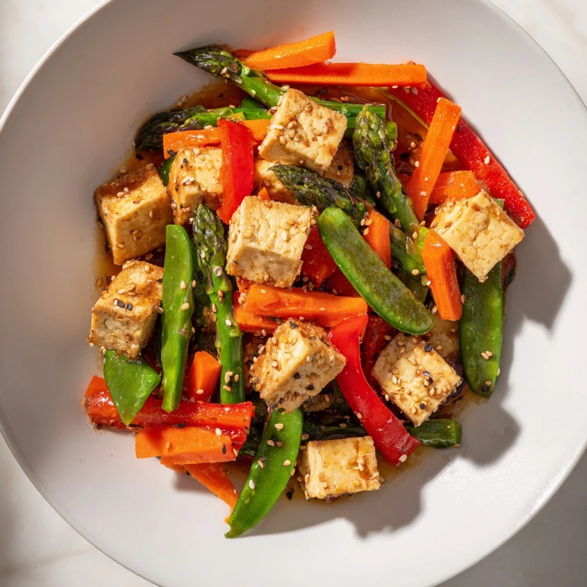 Spring Vegetable Stir Fry with Tofu features bright carrots and asparagus tossed in a savory sauce.