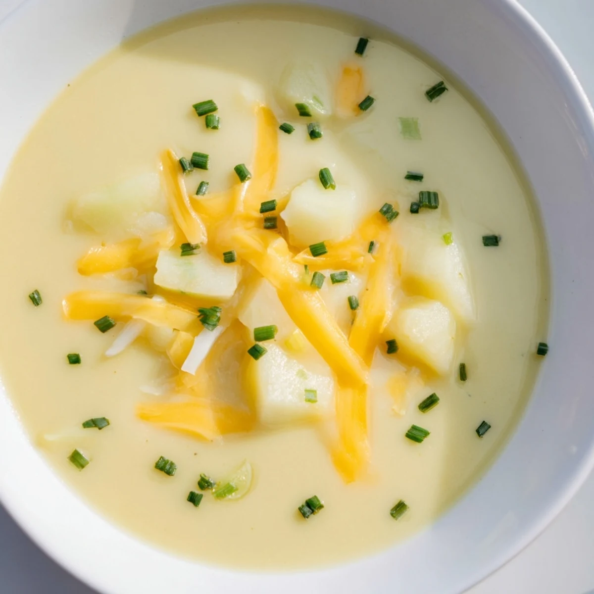 A cozy bowl of Irish Potato Leek Soup with Sharp Cheddar topped with fresh chives.
